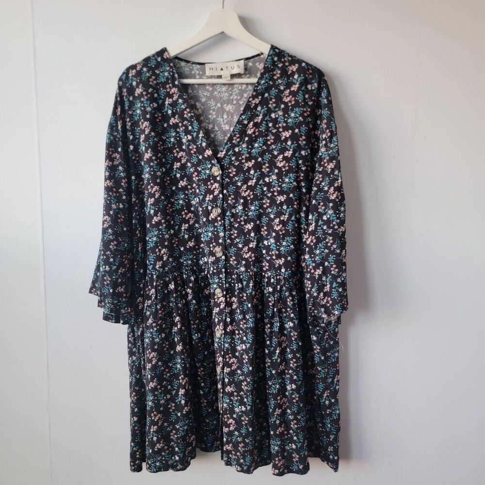 Hiatus women's floral V-neck mini dress size XL babydoll 3/4 sleeve